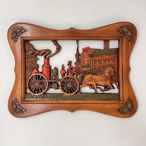 Vintage Burwood 3D Wood Wall Art Horse-Drawn Fire Engine 18” x 13” Retro Decor‎